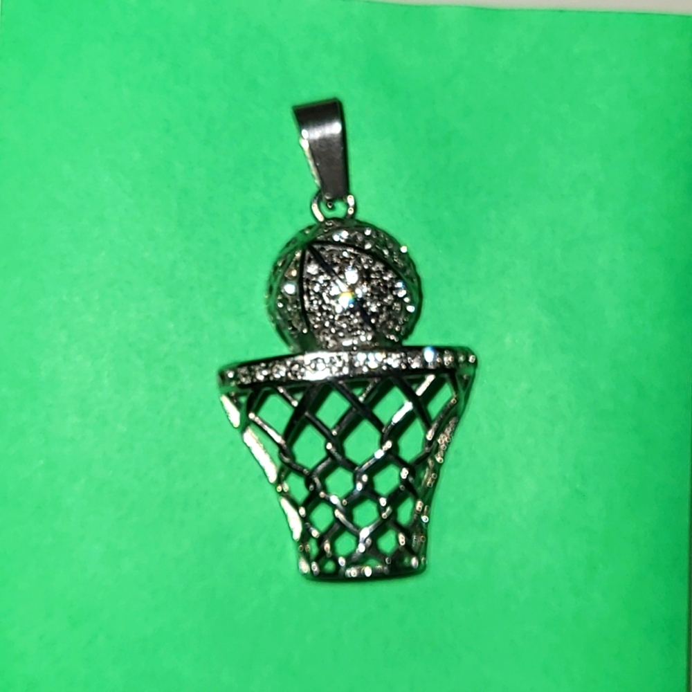 Basketball &‎ hoop stainless steel charm for necklace 2"x1" Bling